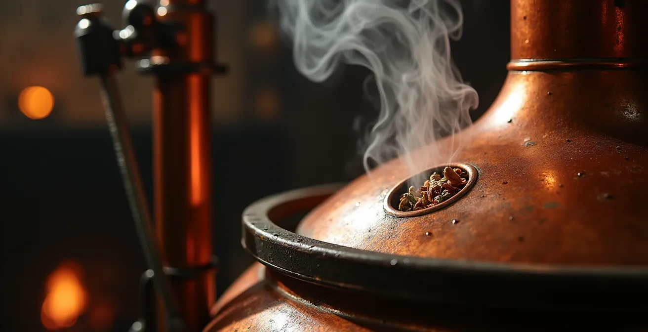 Alambic en cuivre traditionnel avec vapeur s'échappant dans une distillerie artisanale