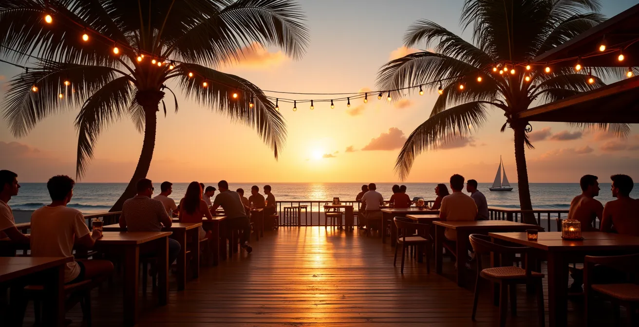 Terrasse de bar de plage animée au coucher du soleil avec vue sur l'océan Indien