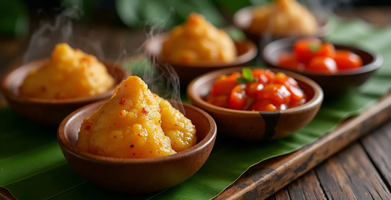 Table d'apéritif créole avec samoussas dorés, bouchons vapeur et bol de rougail piment