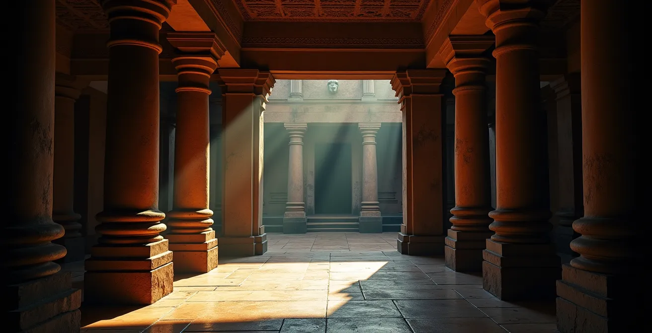 Vue architecturale de l'intérieur d'un temple tamoul montrant la séparation entre l'espace public et le sanctuaire sacré