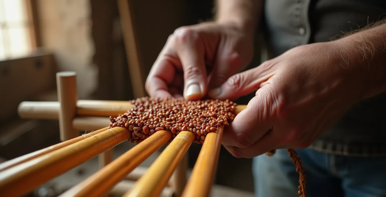 Gros plan sur les mains d'un artisan réunionnais assemblant un kayamb avec des tiges de canne