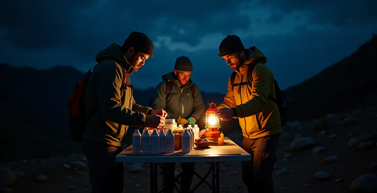 Équipe d'assistance préparant le ravitaillement d'un coureur de nuit dans les montagnes de La Réunion