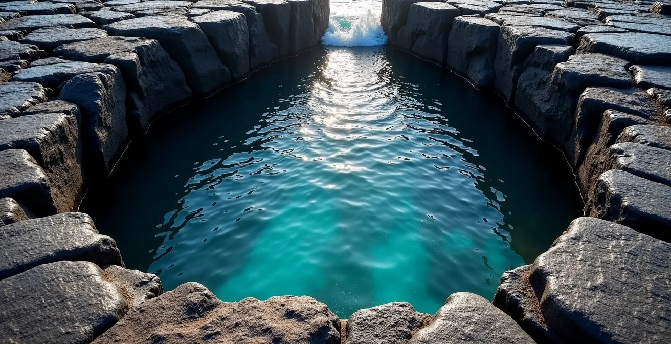 Bassin naturel de Manapany entouré de roches volcaniques noires avec eau claire