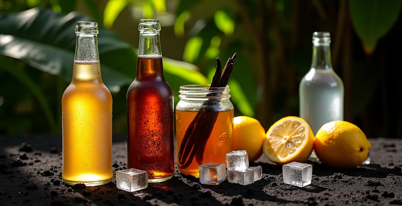 Nature morte avec bière Dodo fraîche, rhum arrangé au faham et citronnade locale sur table créole