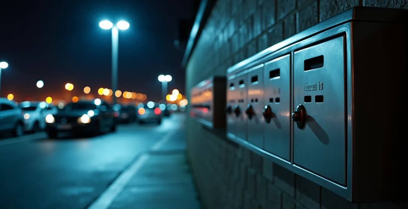 Zone de restitution des véhicules de location à l'aéroport avec boîtes à clés sécurisées illuminées