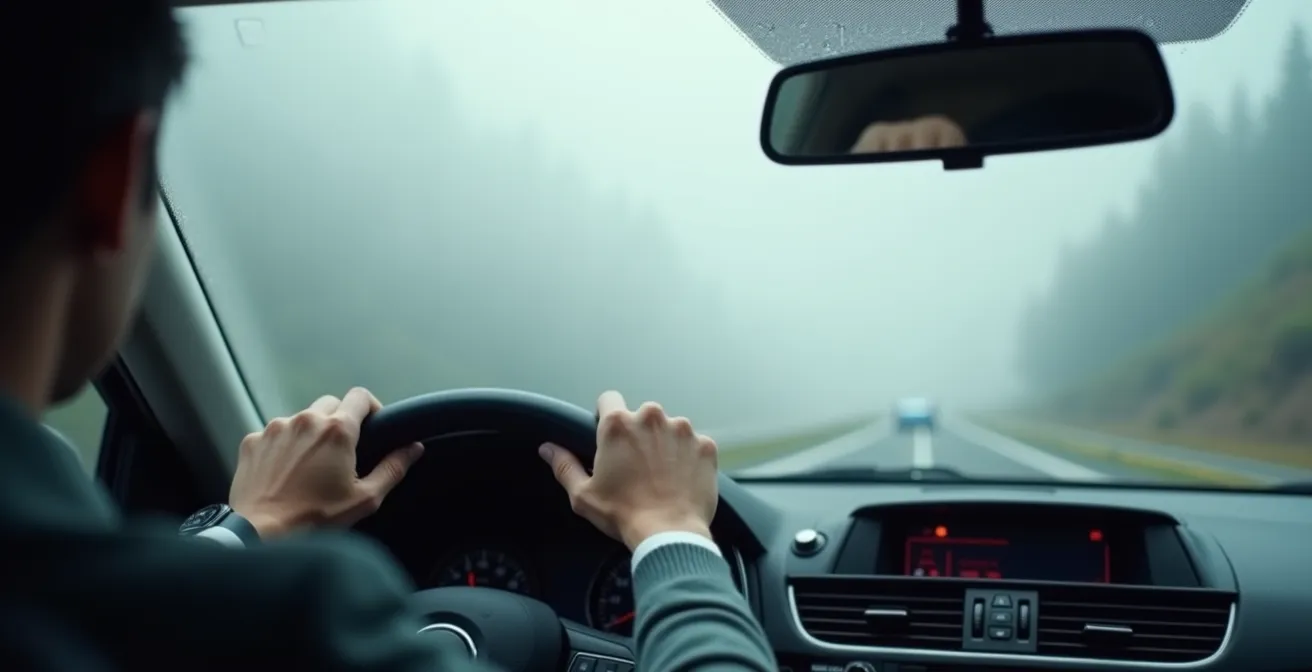 Route de montagne disparaissant dans un brouillard épais à la Plaine des Palmistes, vue depuis l'intérieur d'une voiture
