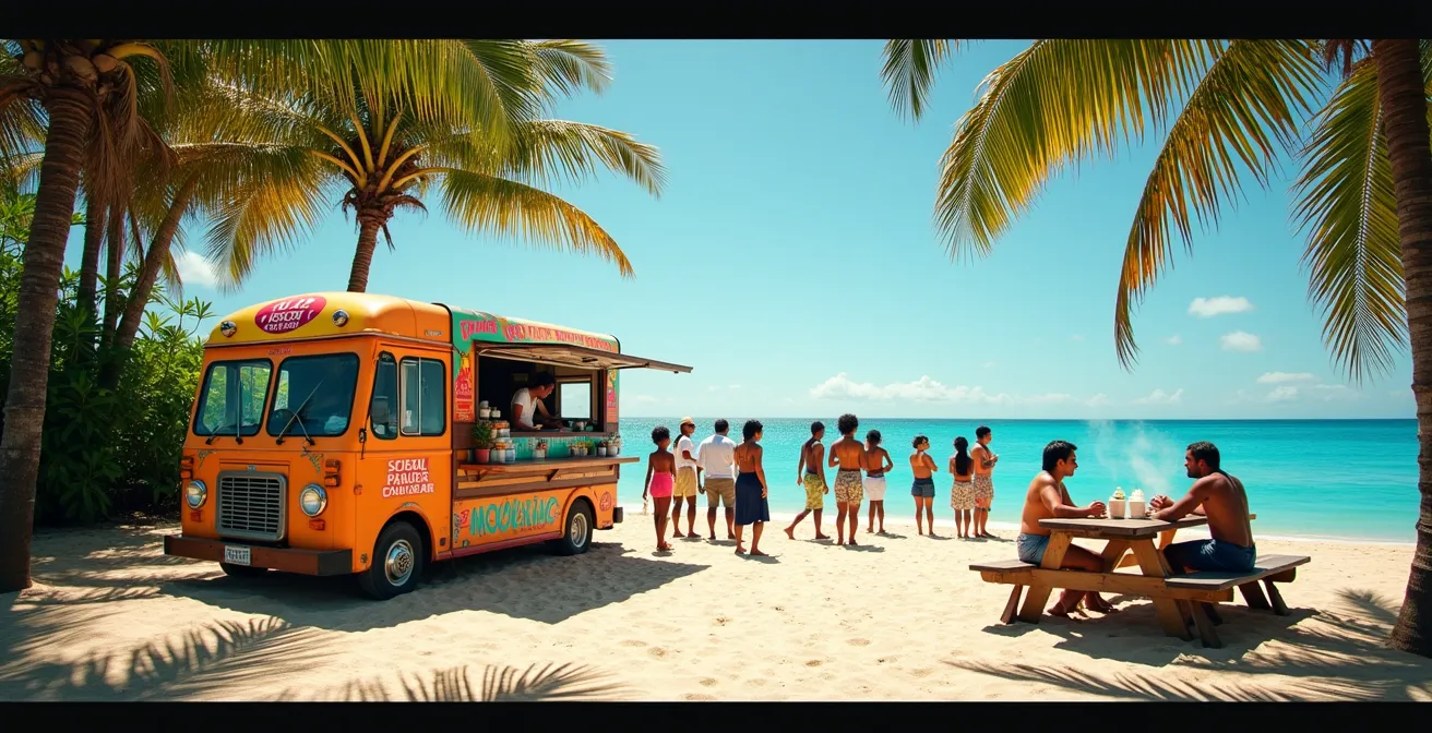 Camion-bar coloré sur une plage de La Réunion avec des clients locaux commandant des barquettes