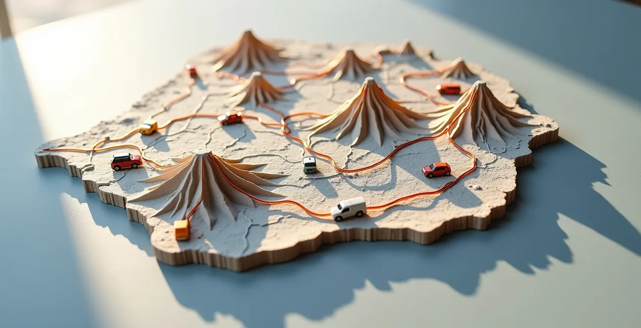 Carte topographique de La Réunion montrant les distances et temps de trajet réels