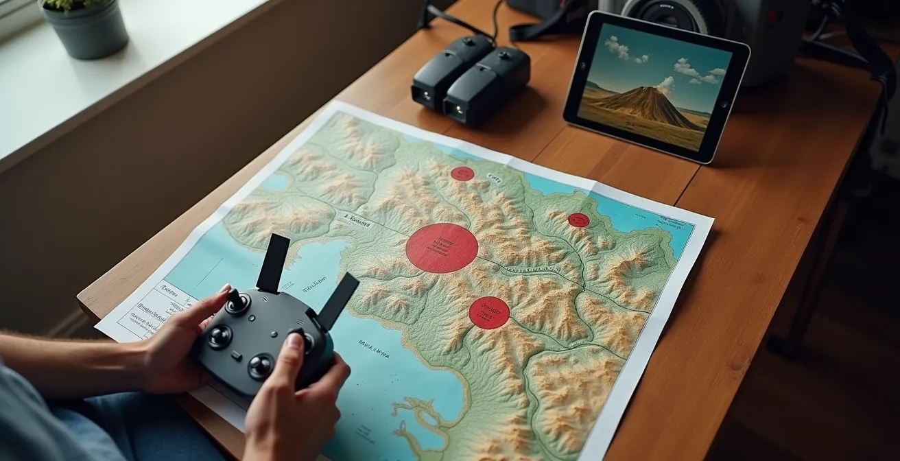 Carte détaillée montrant les zones interdites au survol de drone dans le Parc National de La Réunion