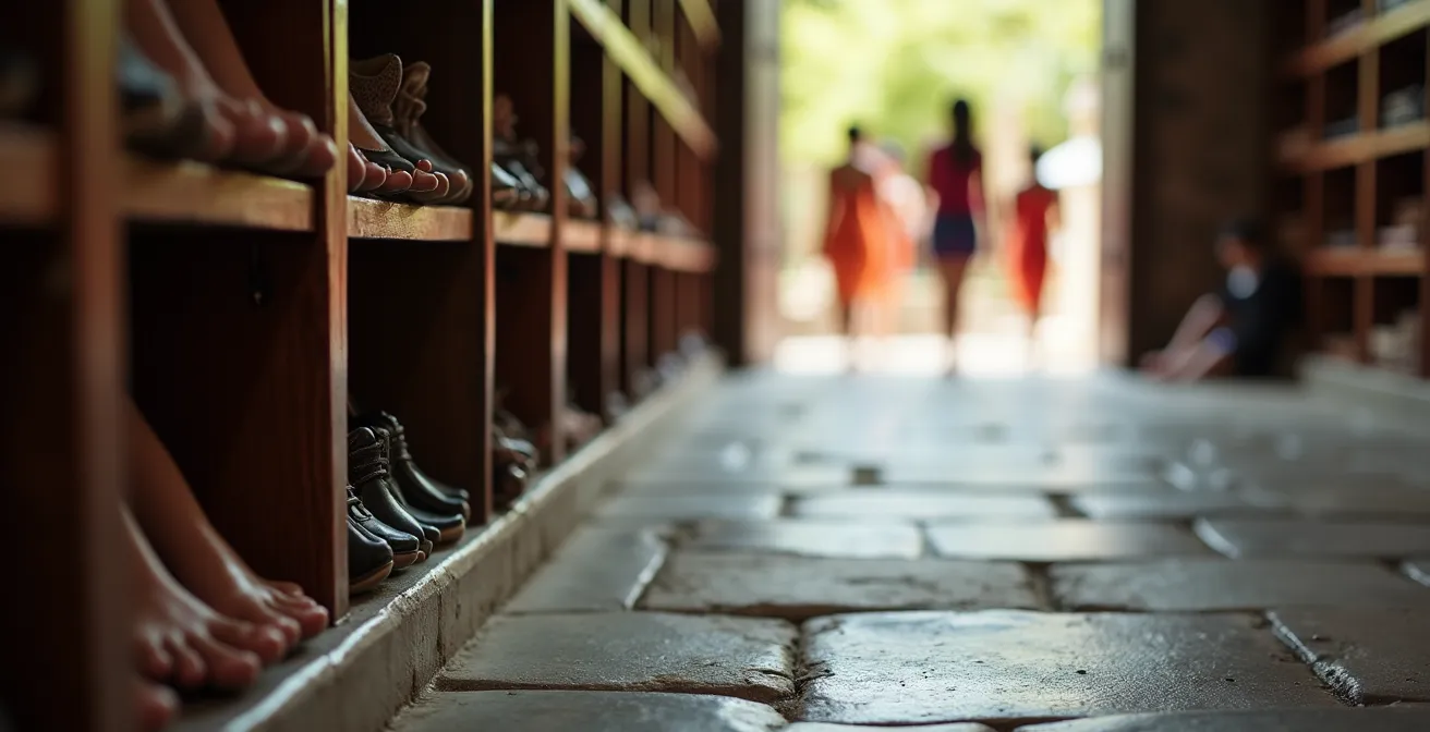 Rangée de casiers à chaussures à l'entrée d'un temple tamoul avec des fidèles marchant pieds nus sur les dalles de pierre