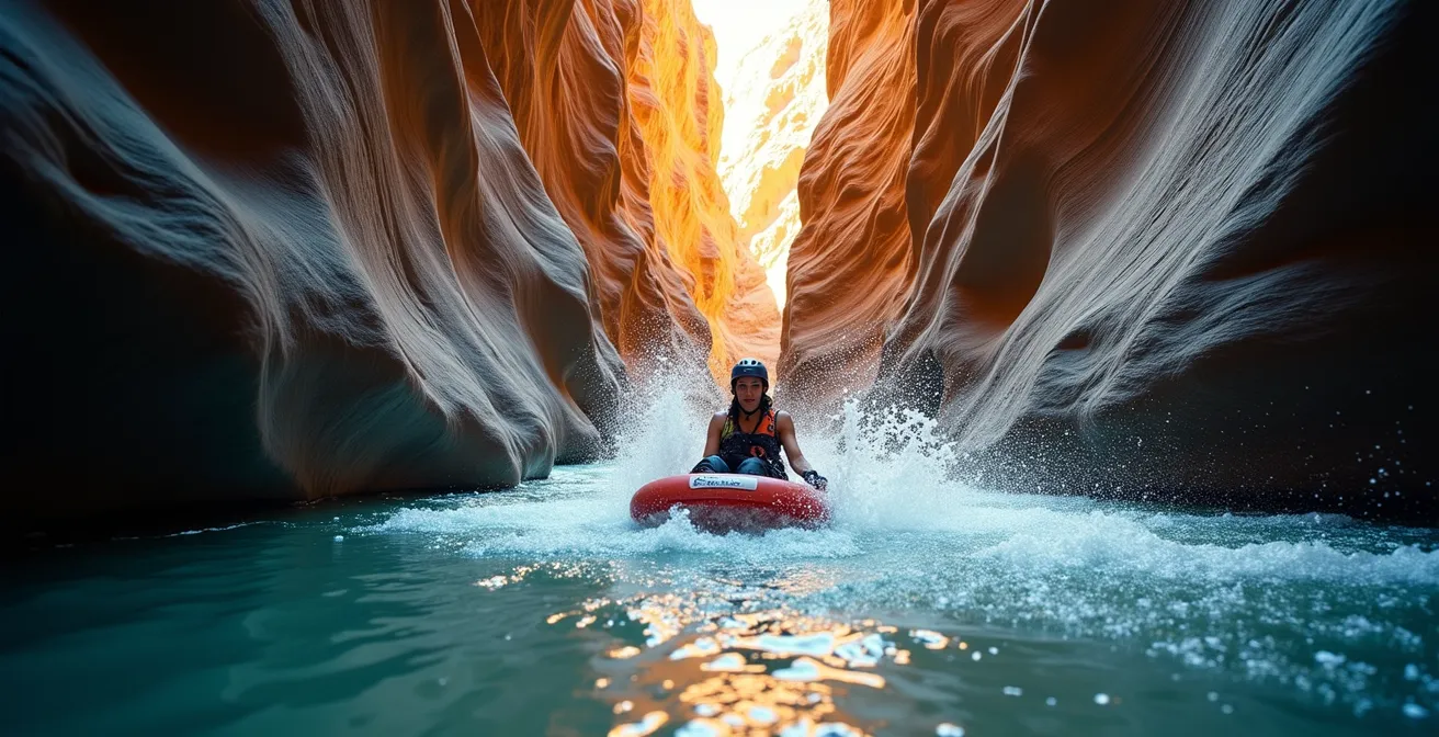 Vue comparative de deux canyonistes, l'un en rappel sur cascade, l'autre glissant sur toboggan naturel