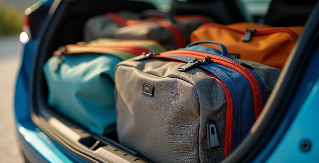 Vue macro détaillée de l'intérieur d'un coffre de voiture avec bagages souples optimisés