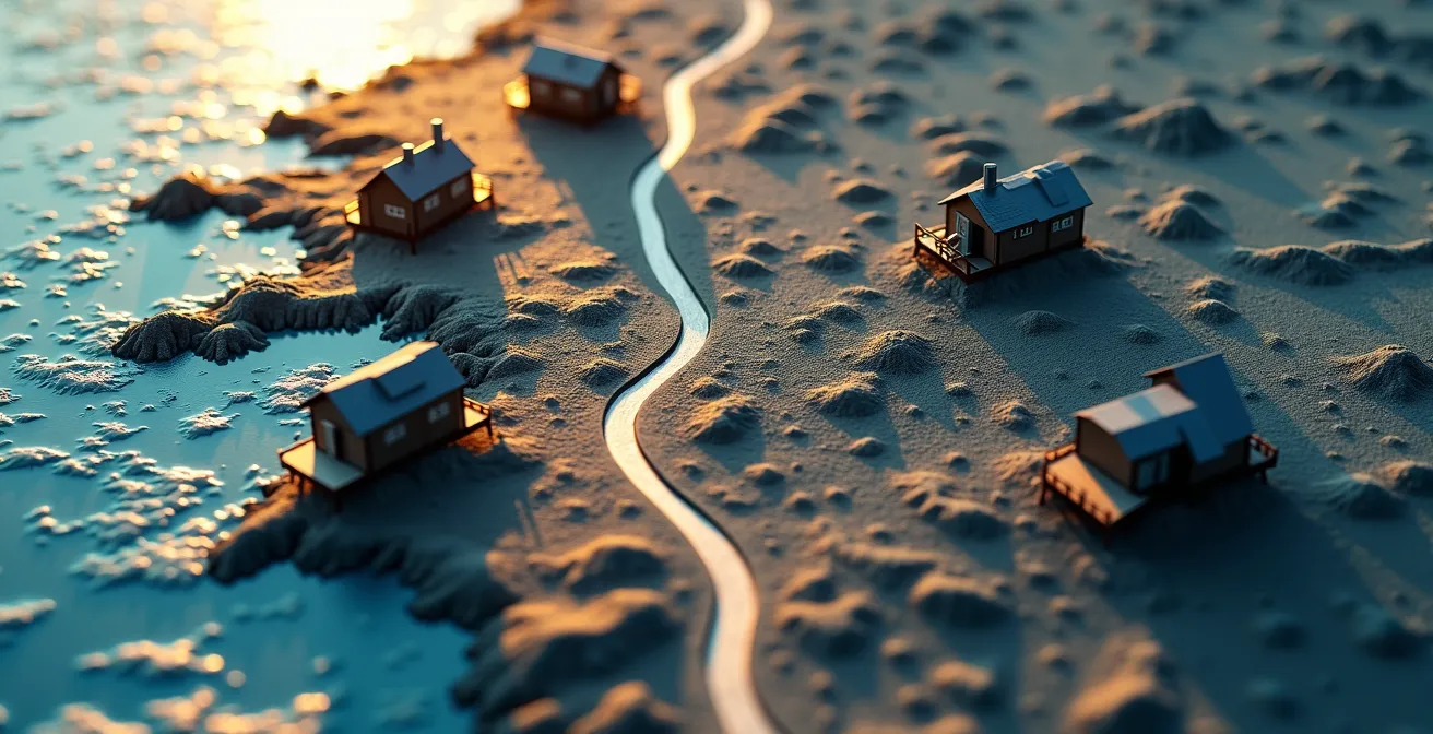 Vue aérienne abstraite montrant les trajets entre trois zones touristiques de La Réunion