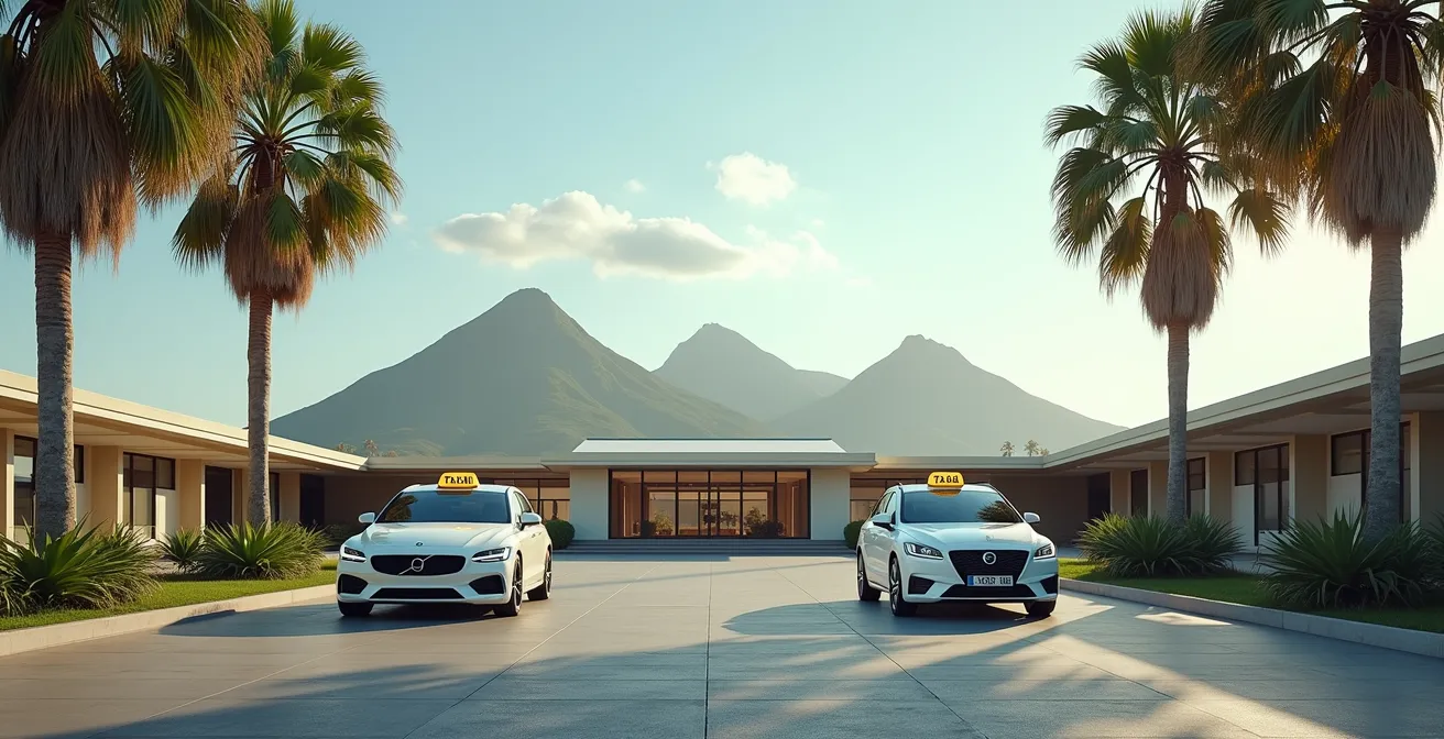 Vue comparative d'un taxi et d'un VTC garés à l'aéroport Roland Garros de La Réunion