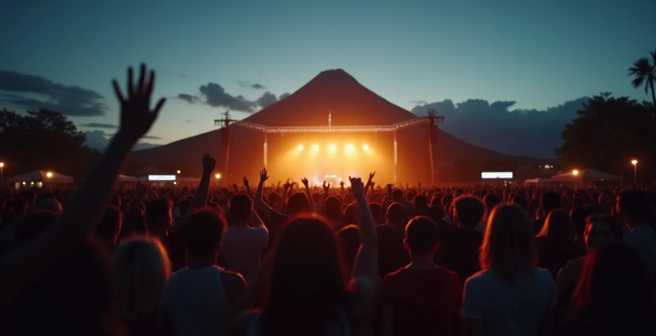 Vue large d'un concert de Maloya en plein air avec une foule dansant le pilé au coucher du soleil