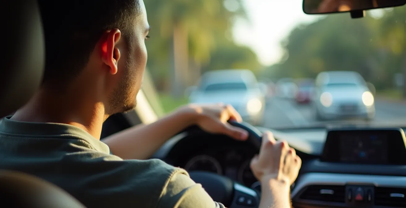 Conducteur réunionnais écoutant la radio dans sa voiture lors d'un embouteillage