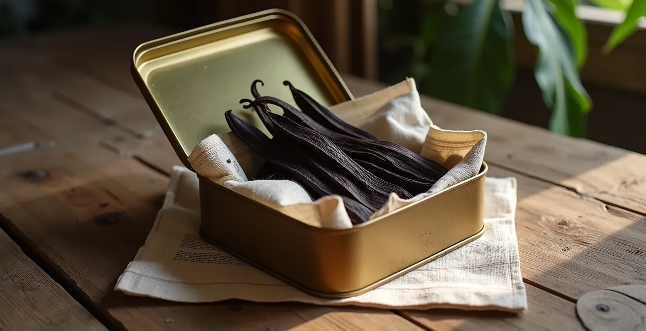 Gousses de vanille enveloppées dans un linge naturel et rangées dans une boîte en fer blanc traditionnelle