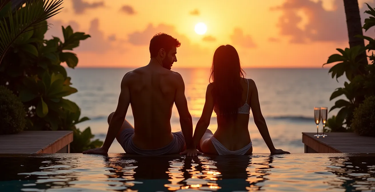 Couple de dos admirant le coucher de soleil depuis une terrasse privée avec jacuzzi surplombant l'océan Indien