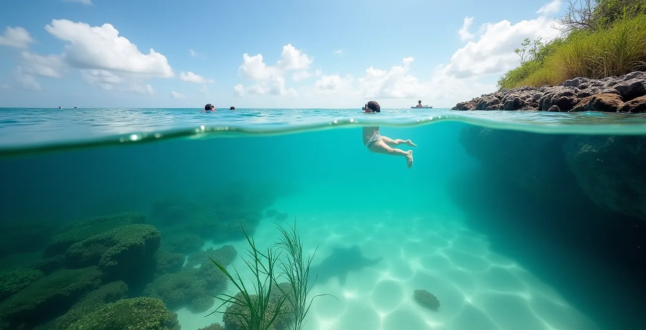 Vue sous-marine montrant la force du courant dans une passe récifale