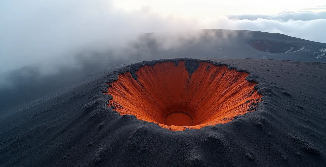 Vue du cratère Formica Leo depuis le Pas de Bellecombe avec sa forme conique caractéristique