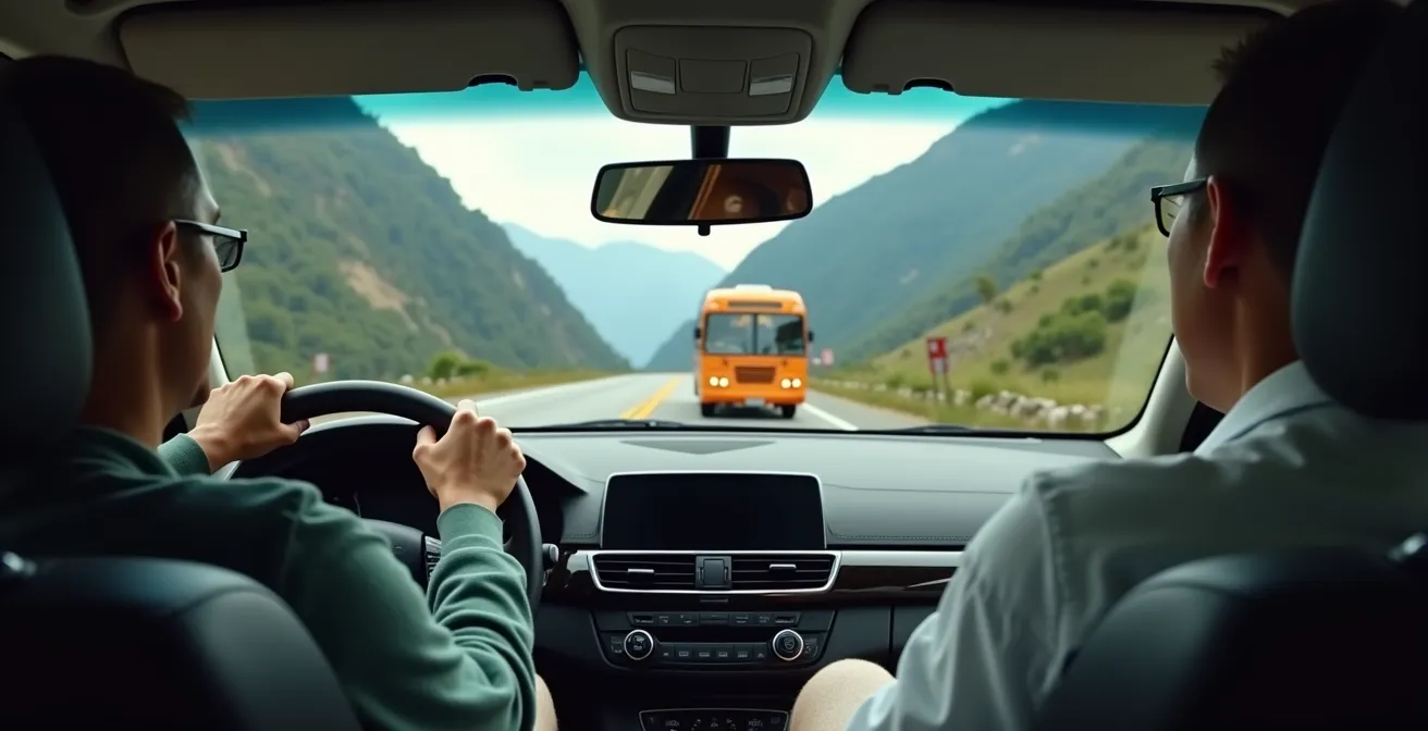 Manœuvre de croisement entre un bus et une voiture dans un virage de montagne