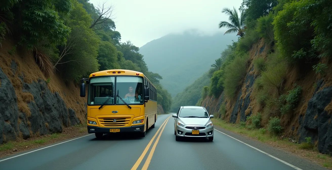 Deux véhicules se croisant sur une route étroite de montagne avec un bus Car Jaune