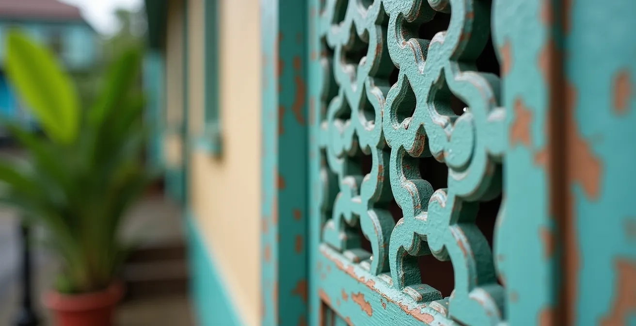 Gros plan sur les lambrequins décoratifs en bois d'une case créole avec gouttes d'eau perlant sur la dentelle architecturale