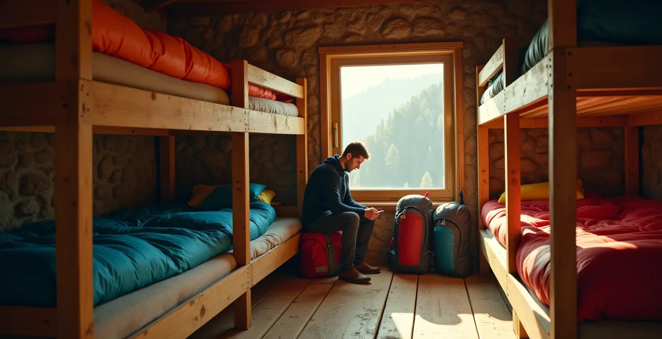 Intérieur d'un dortoir typique de gîte à Mafate avec lits superposés en bois