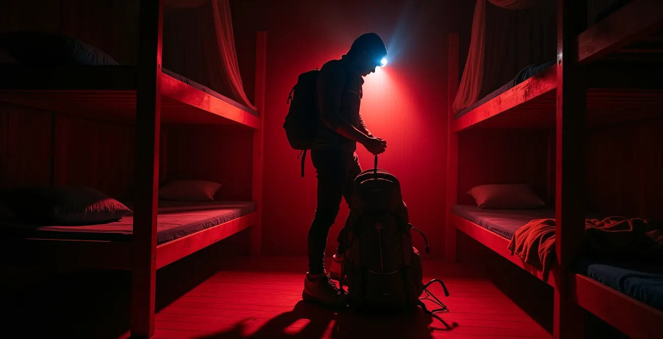 Dortoir de gîte de montagne à La Réunion avec lampes frontales rouges