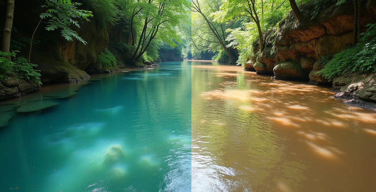 Rivière aux eaux troubles couleur café au lait après les pluies à La Réunion
