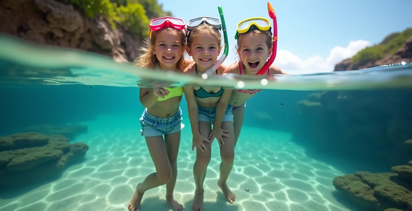 Famille explorant une piscine naturelle peu profonde du platier avec enfants équipés de masques