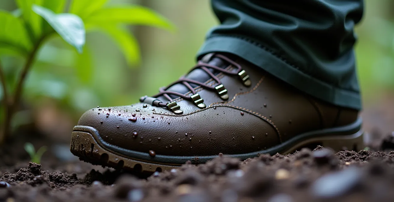Équipement de randonnée spécialisé pour terrain boueux disposé sur mousse forestière