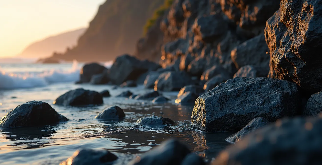 Vue depuis la mer de la falaise volcanique avec ses filets de protection et la route en corniche
