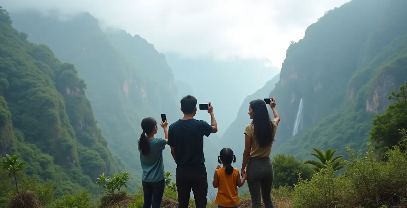 Parents consultant une carte sur smartphone dans les montagnes de La Réunion avec leurs enfants