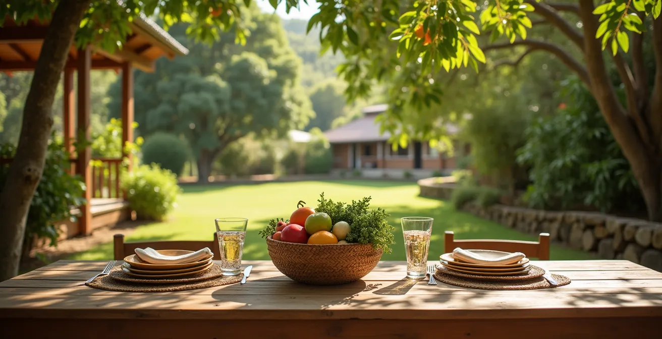 Ambiance familiale du dimanche dans une ferme-auberge réunionnaise avec table dressée dans le jardin