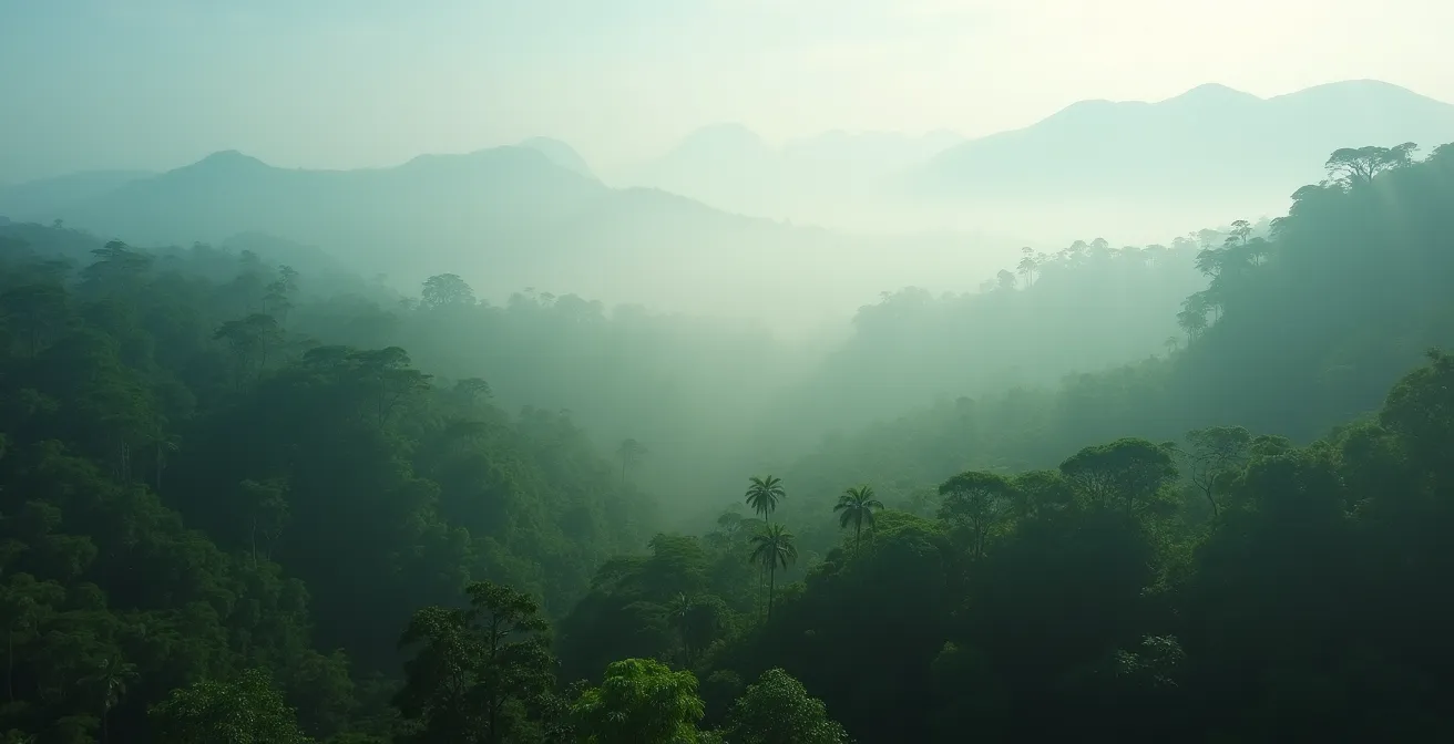 Vue aérienne de la forêt de Bélouve à La Réunion montrant la canopée dense de tamarins des hauts dans la brume matinale