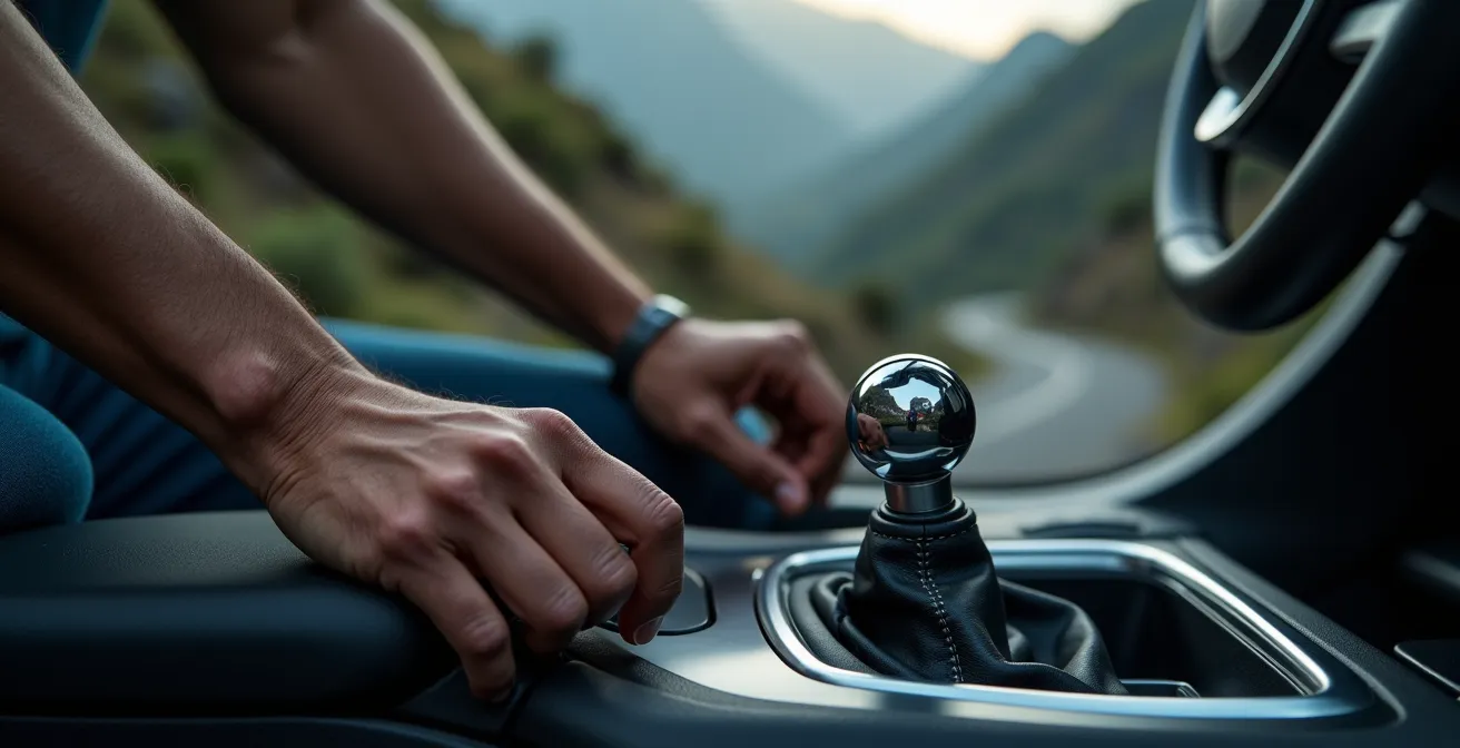 Vue plongeante sur une route de montagne sinueuse avec véhicule en descente contrôlée