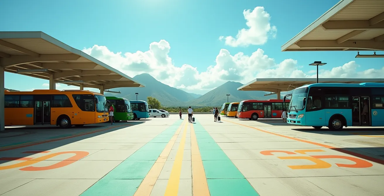 Voyageurs en correspondance entre différents réseaux de bus à une gare routière de La Réunion