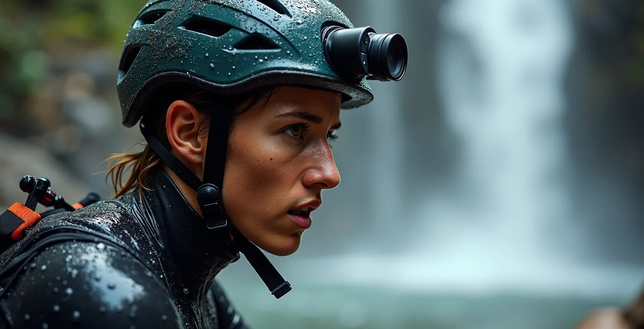 Canyoniste avec caméra fixée sur le casque descendant sous une cascade