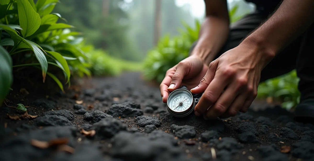 Guide professionnel évaluant la sécurité d'un sentier non balisé dans la végétation tropicale