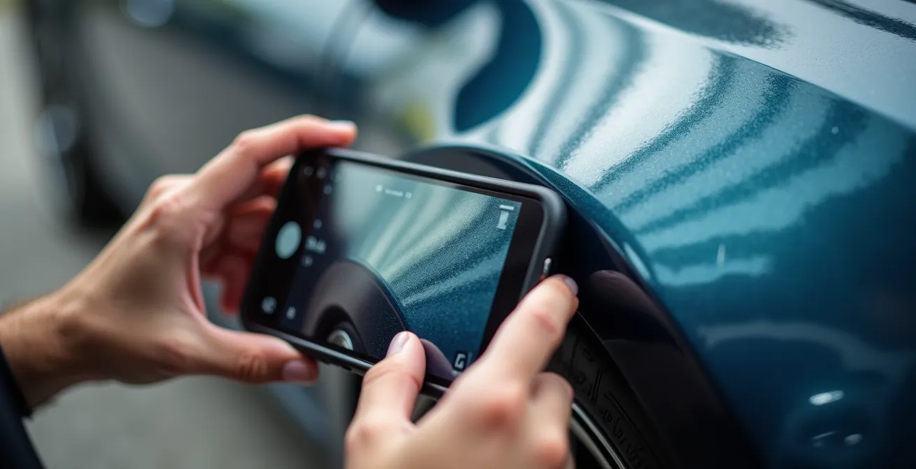 Gros plan sur des mains tenant un smartphone filmant les détails d'une voiture de location