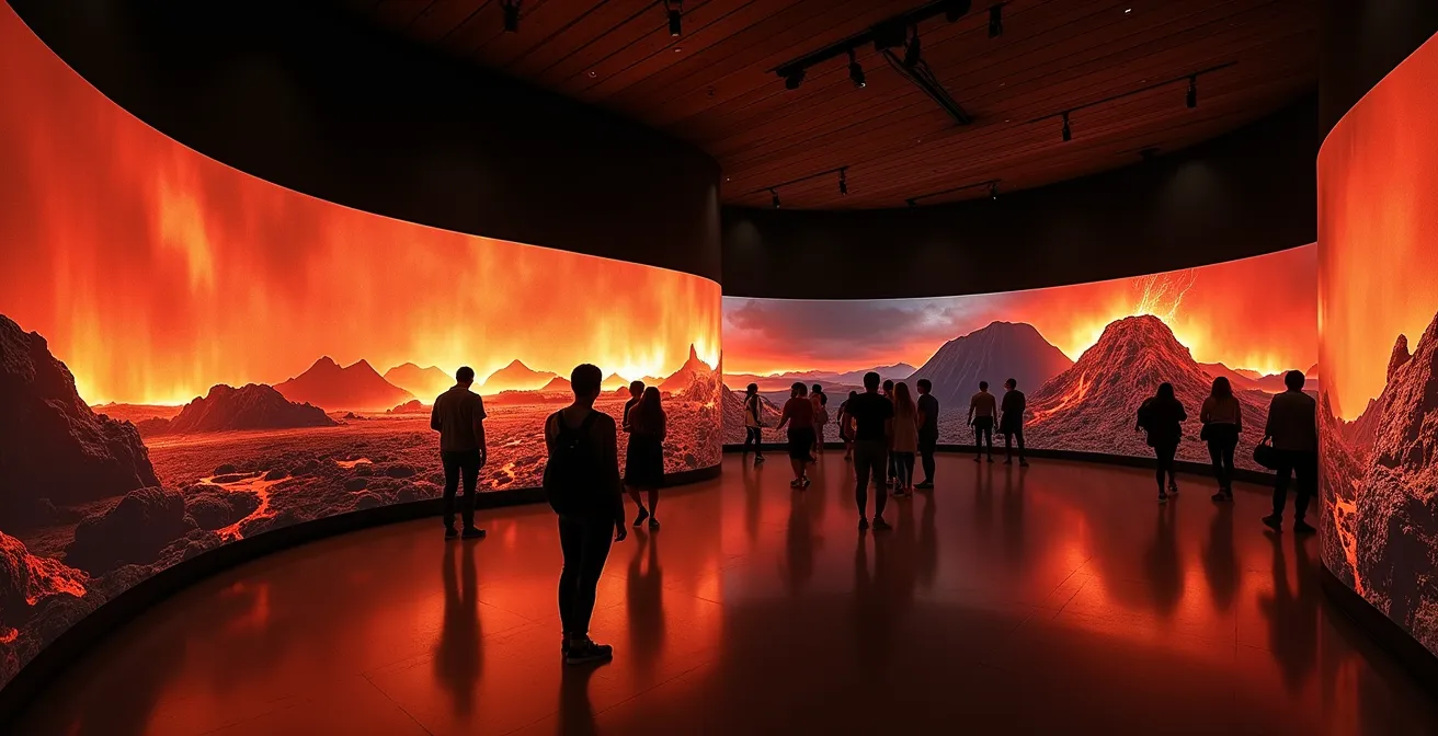 Visiteurs explorant l'intérieur moderne de la Cité du Volcan à La Réunion