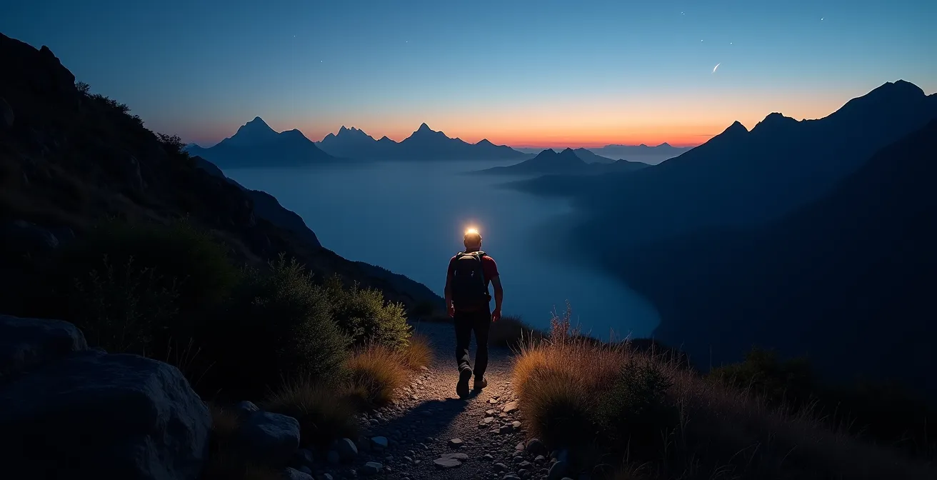 Randonneur équipé d'une lampe frontale sur un sentier de montagne au crépuscule avec vue sur les remparts