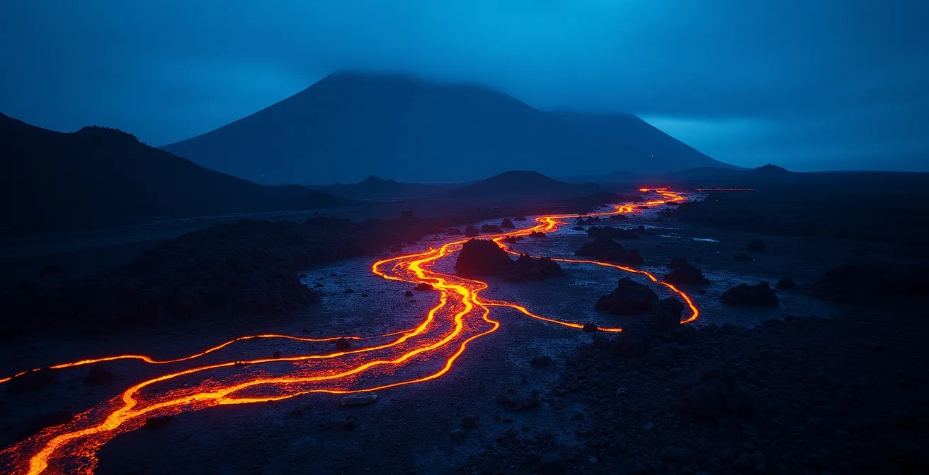 Coulée de lave incandescente photographiée à l'heure bleue au Piton de la Fournaise