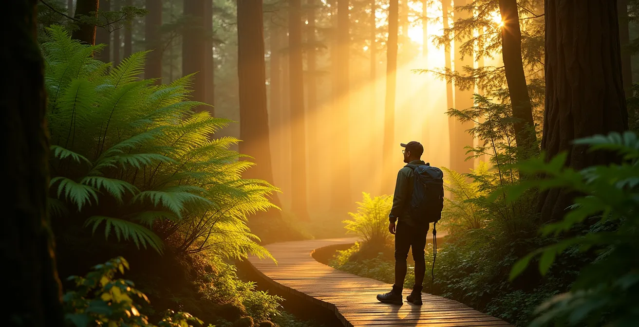 Frondes de fougères arborescentes Fanjan illuminées par la lumière rasante du matin à Bélouve