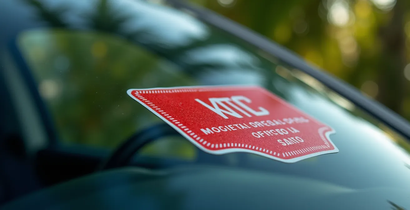 Gros plan sur un macaron VTC officiel sur le pare-brise d'un véhicule à La Réunion