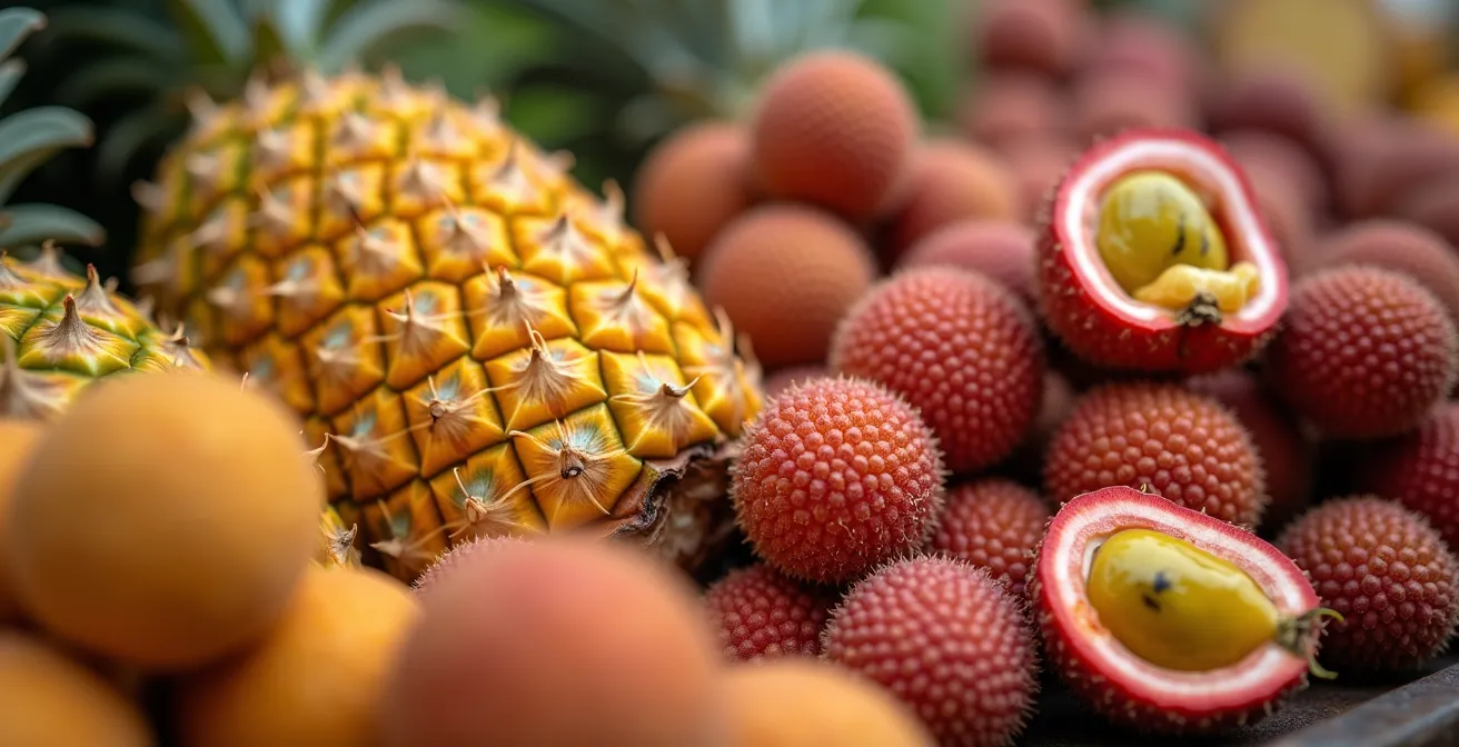 Étal coloré de fruits tropicaux sur un marché réunionnais avec ananas Victoria et litchis