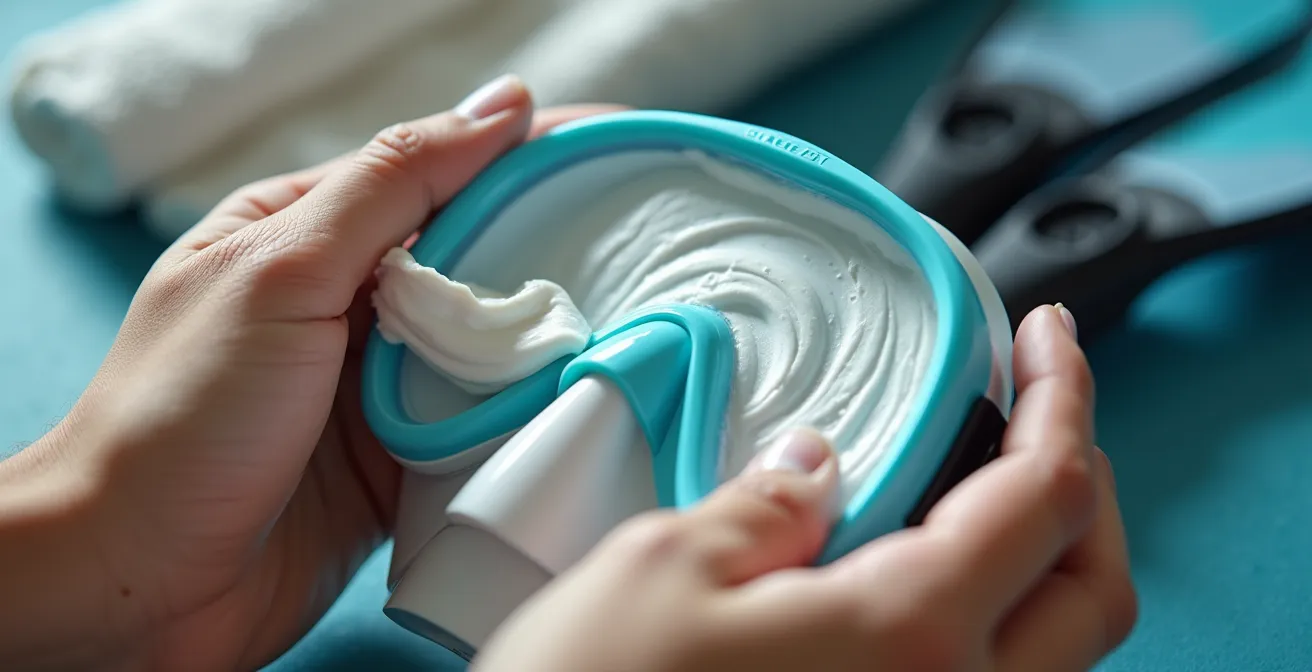Gros plan sur les mains d'un parent appliquant du dentifrice sur la vitre intérieure d'un masque de plongée, technique anti-buée avant une sortie lagon