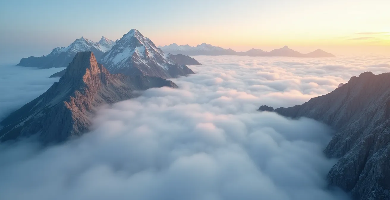 Vue aérienne du cirque de Salazie envahi par une mer de nuages l'après-midi avec sommets émergents