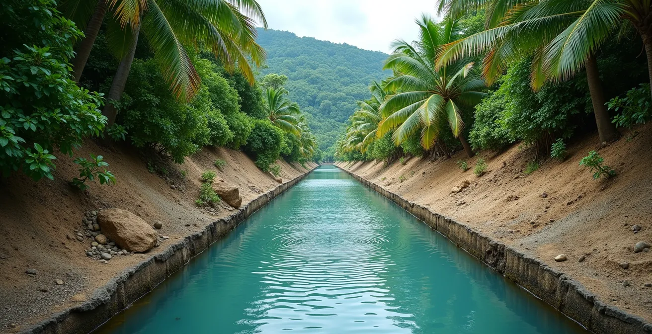 Contraste saisissant entre la végétation luxuriante et un réservoir d'eau presque vide sur la côte ouest de La Réunion